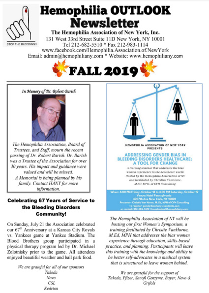 an image of the hemophilia outlook newsletter from fall 2019