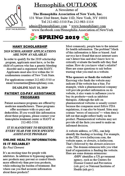 an image of the hemophilia outlook newsletter from spring 2019