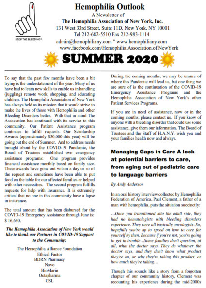 an image of the hemophilia outlook newsletter from summer 2020