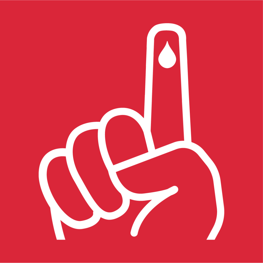 the hemophilia association of new york logo which is a hand holding up a finger with a drop of blood on it against a red background